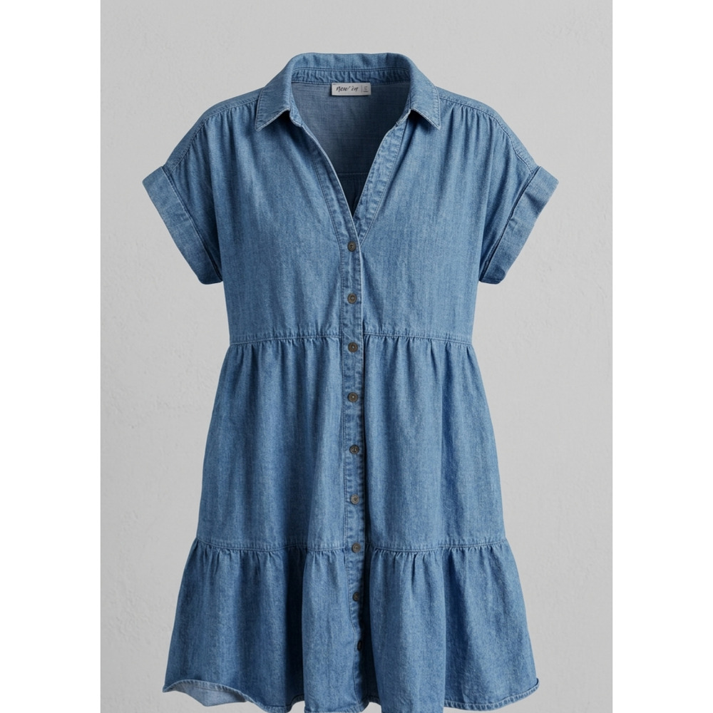 New In Denim Tiered Mini Dress Women Size M Blue Boho Cottagecore Chambray